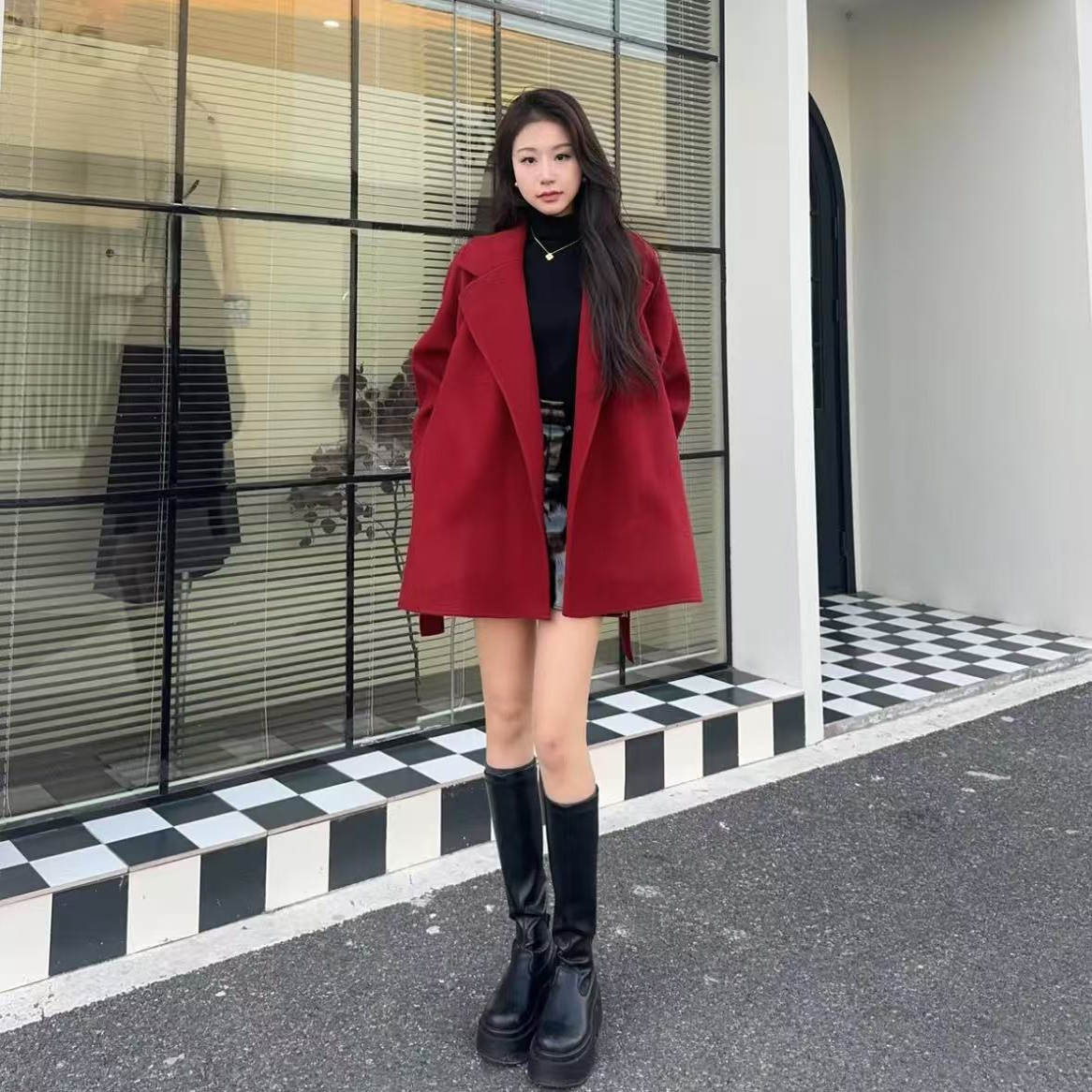 zz秋冬新款短款双面绒大衣女韩版小个子显高毛呢外套时尚百搭气质