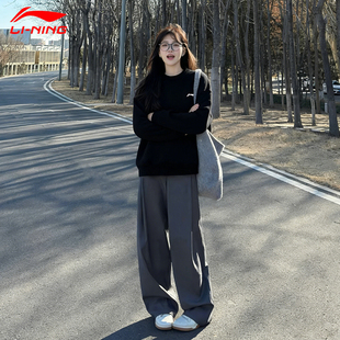李宁圆领运动卫衣女款2025新款韩版宽松秋冬加绒加厚无帽长袖上衣
