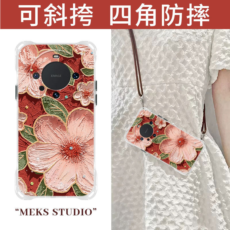 白茶花适用于华为mate60手机壳60pro新款mate50油画