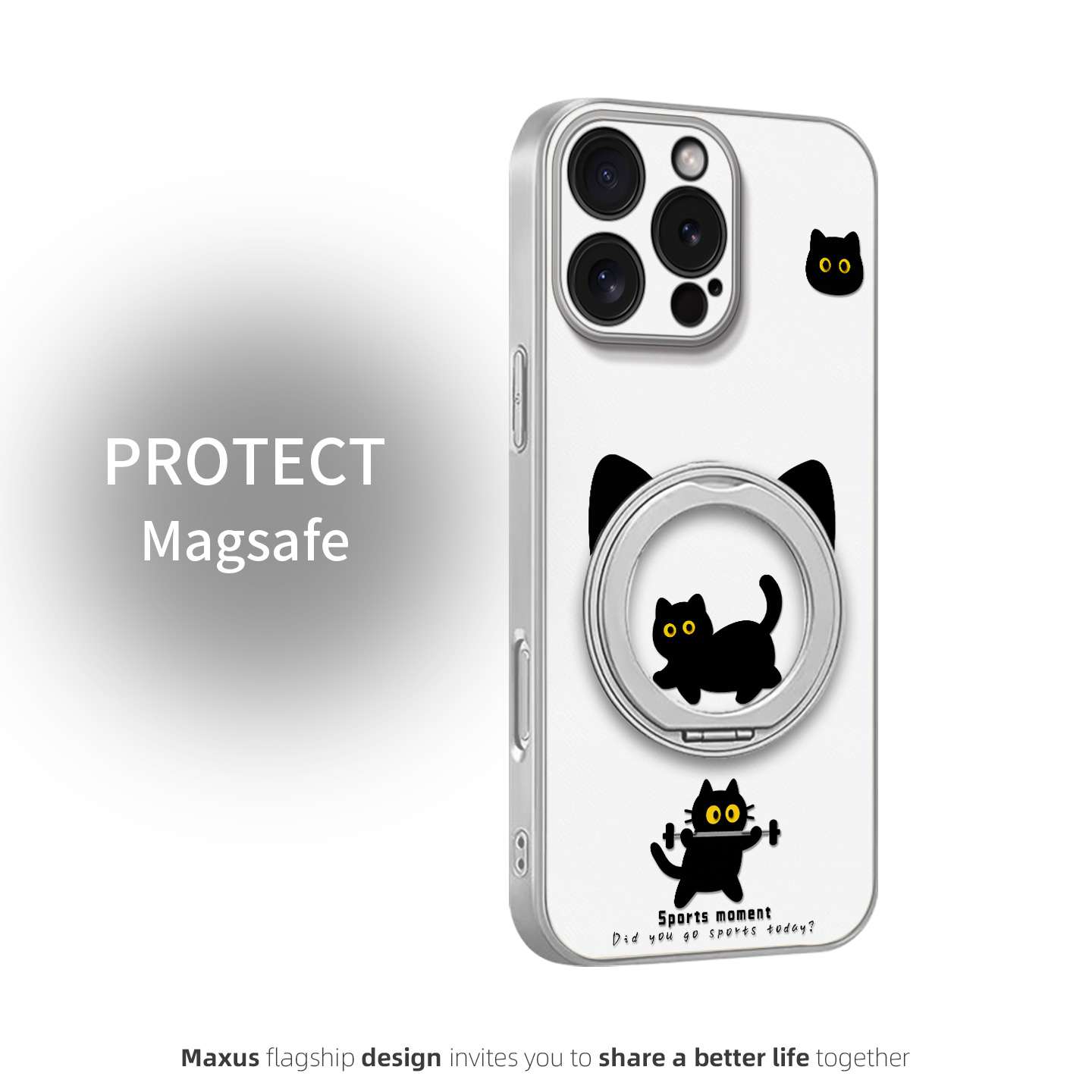 疯狂健身猫咪适用苹果16Pro手机壳新款16ProMax卡通iPhone13高级苹果15磁吸支架苹果12皮纹全包防摔壳