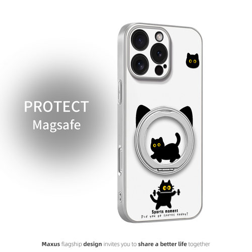 疯狂健身猫咪适用苹果17promax手机壳新款16Pro卡通iPhone17高级苹果15磁吸支架苹果12皮纹全包防摔壳
