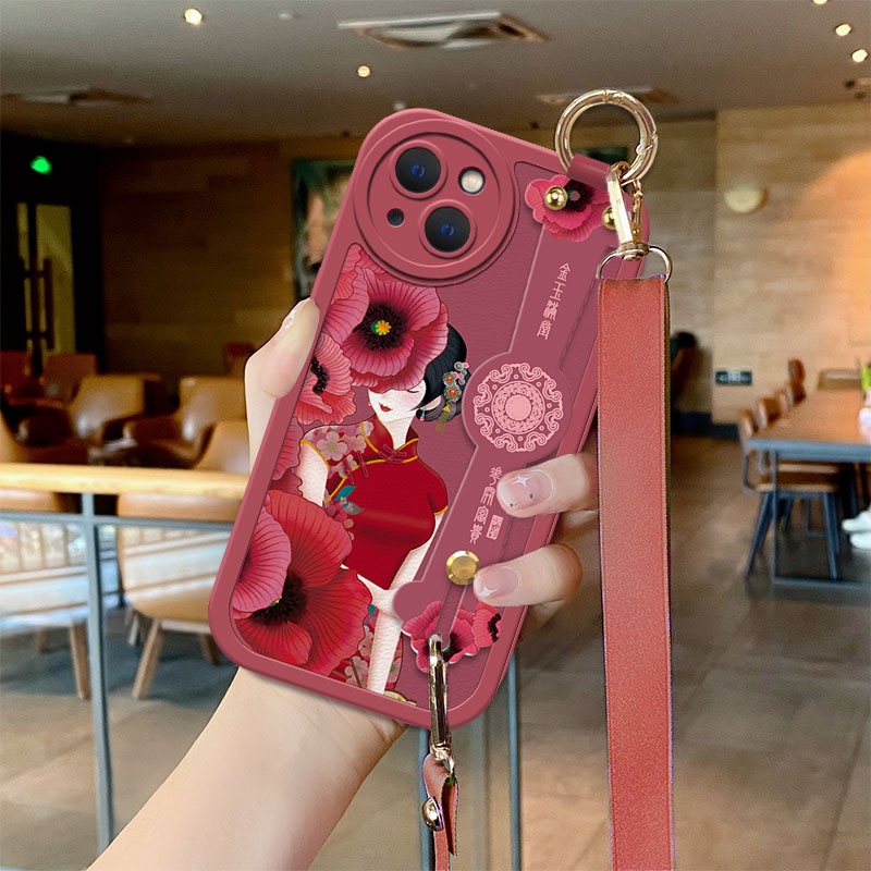 红花美人适用于苹果13手机壳14plus时尚古风iPhone14个性11promax女款mini腕带12创意x浮雕xr全包8p保护套