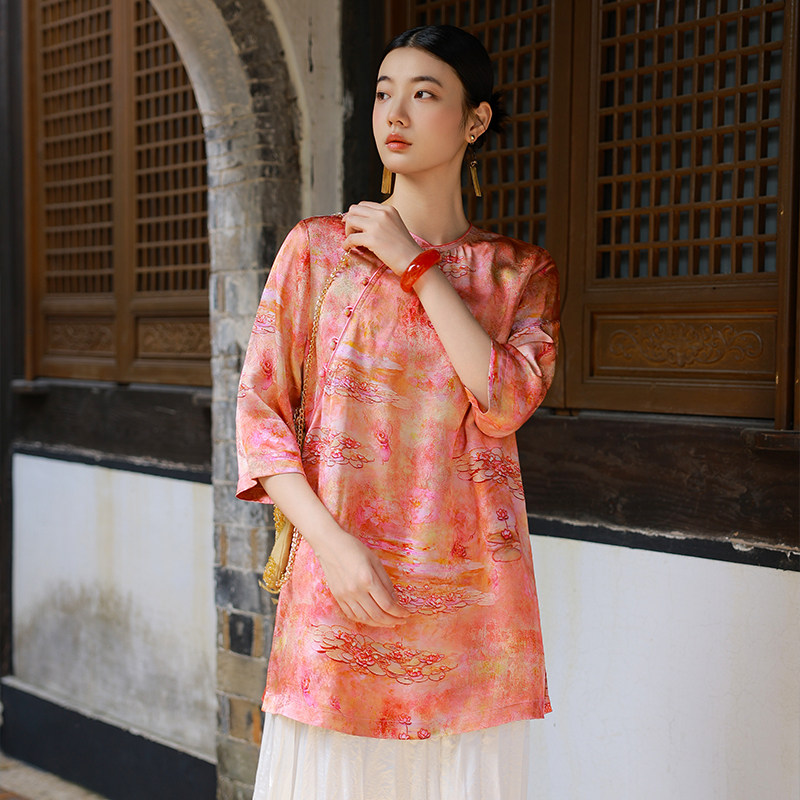 YUEZHE 夏季薄款新中式复古立领百搭旗袍女中长款提花宽松上衣