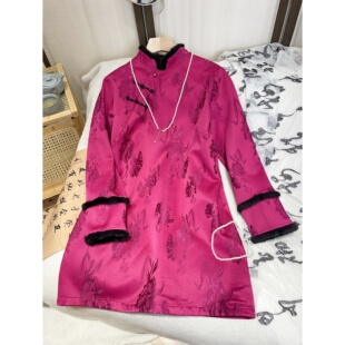 YUEZHE新中式提花旗袍女2025冬季新款加绒加厚国风上衣中长外套