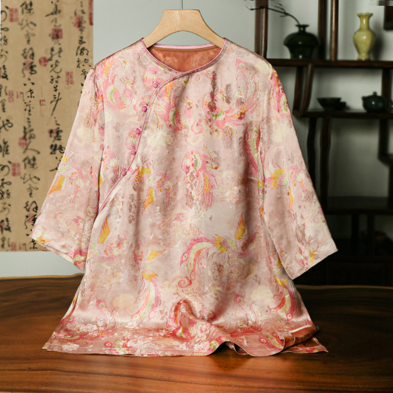 YUEZHE春季新款新中式圆领斜襟旗袍2026国风提花宽松百搭上衣