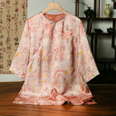 YUEZHE春季新款新中式圆领斜襟旗袍2026国风提花宽松百搭上衣