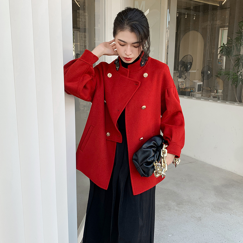 2021年新款红色结婚双面羊绒大衣女小个子短款呢子中长款毛呢外套