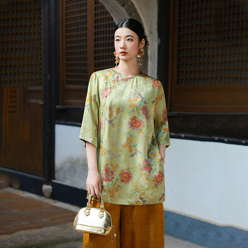 YUEZHE 新中式夏季复古提花中长款宽松百搭旗袍气质设计款上衣
