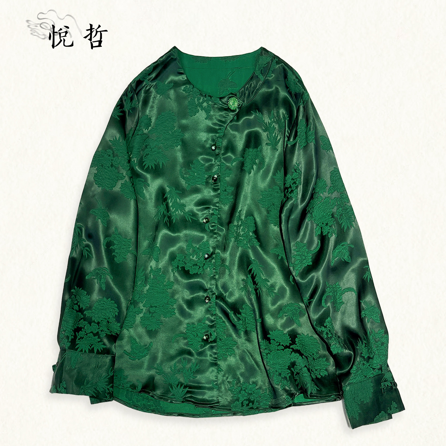 新中式提花缎面衬衫女国风