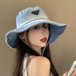 蓝色水洗牛仔渔夫帽子女日系百搭显脸小盆帽大头围防晒遮阳登山帽