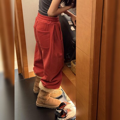 美式复古~红色加绒束脚卫裤女高腰宽松显瘦百搭休闲冬保暖运动裤