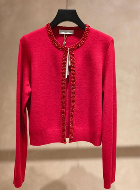 JUE美小香风显气质~红色珠片装饰针织开衫女长袖毛衣圆领显瘦上衣