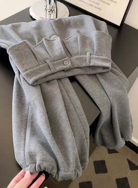 简约Clean Fit风~慵懒风灰色高腰抽绳卫裤女宽松垂感百搭休闲裤冬
