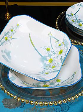 6只装8.5英寸釉下彩水仙花如意四方盘陶瓷家用盘子正方形炒菜盘