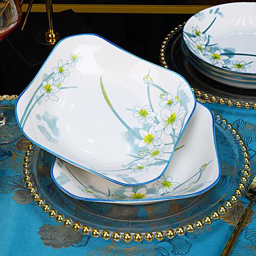 6只装8.5英寸釉下彩水仙花如意四方盘陶瓷家用盘子正方形炒菜盘