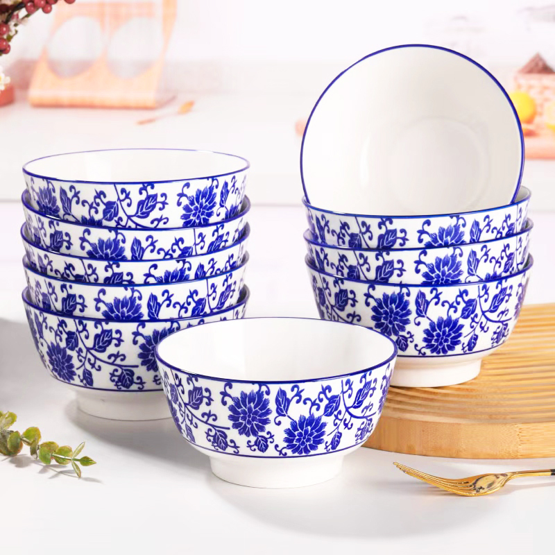 10只装5英寸青花瓷家用陶瓷米饭碗大号中式复古吃饭饭碗
