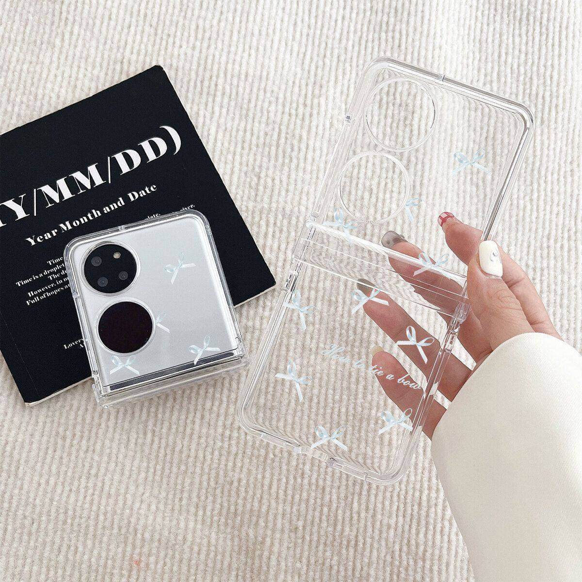 蓝色蝴蝶结pockets华为手机壳p50pocket折叠OPPOfindn3/2flip透明