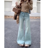 美式 子 百搭宽松不贴腿阔腿喇叭长裤 浅蓝色牛仔裤 女春秋高腰微喇裤