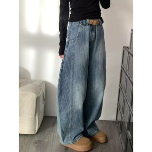 美式 女慵懒松弛感大码 高腰宽松显瘦阔腿拖地长裤 子 复古弯刀牛仔裤