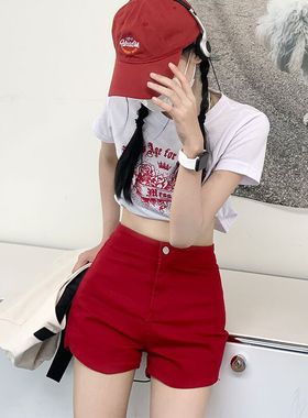 高腰牛仔裤女辣妹包臀短裤2024年夏季韩版ins潮红色弹力紧身裤子