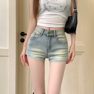 提臀做旧辣妹紧身包臀热裤 美式 小个子高腰大码 女夏季 复古牛仔短裤