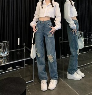 破洞直筒牛仔褲 潮 學(xué)院風(fēng)寬松顯瘦拖地長(zhǎng)褲 女2024年春秋高腰闊腿褲