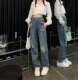 学院风宽松显瘦拖地长裤 破洞直筒牛仔裤 女2024年春秋高腰阔腿裤 潮