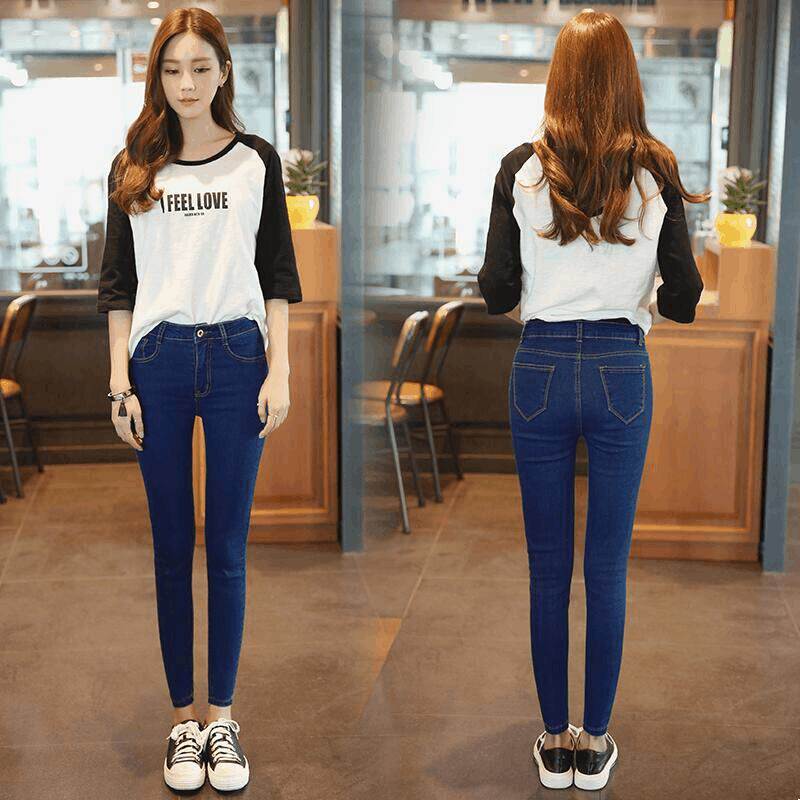 韩国网红初中高中学生牛仔裤女长裤弹力紧身裤大码九分铅笔裤加厚