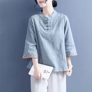 2026年春夏新款棉麻提花刺绣喇叭袖衬衫女中国风复古盘扣立领上衣