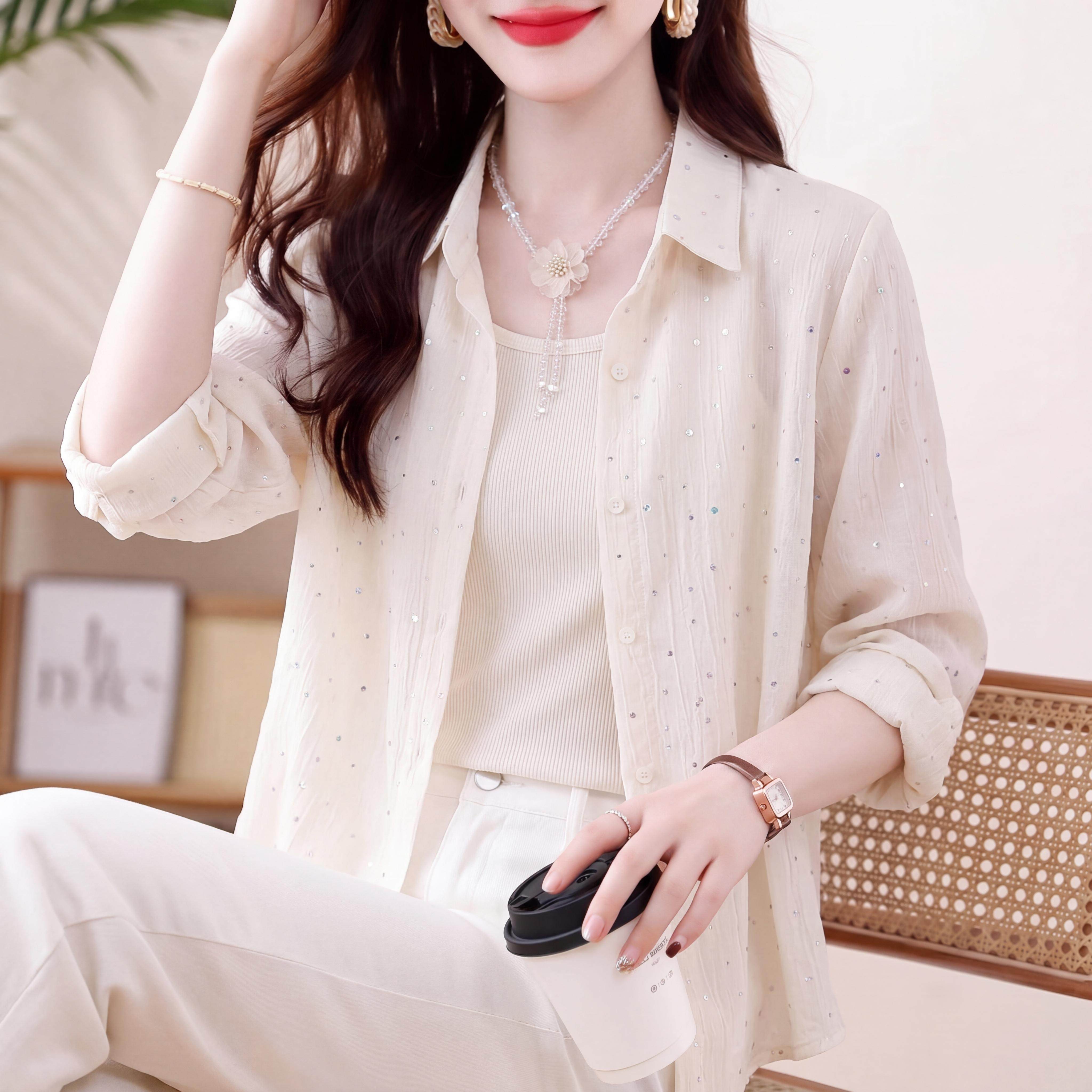夏季新款防晒衣女士大码开衫外搭衬衫女亮片时尚百搭薄款外套上衣