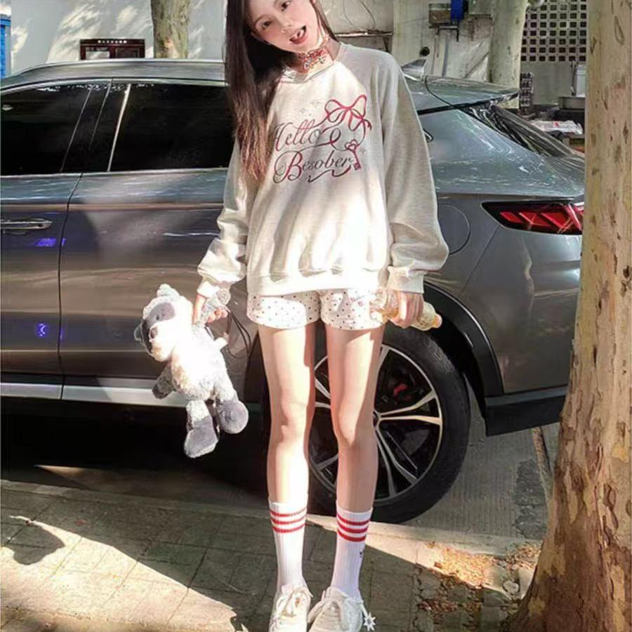 2024早秋季美式复古蝴蝶结印花休闲时尚百搭复古圆领卫衣新款潮女