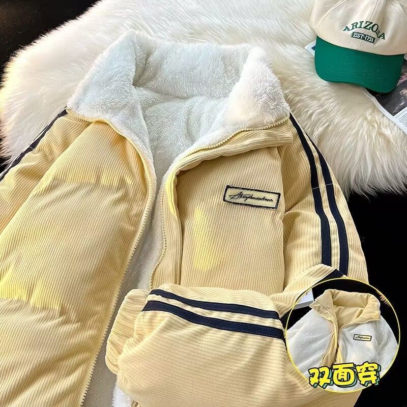 黄色宽松抽绳灯芯绒双面穿棉服男女冬季加绒加厚保暖羊羔棉衣外套