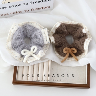 秋冬软糯毛绒大肠发圈手工钩织蝴蝶结碎花发绳丸子头马尾头绳皮筋