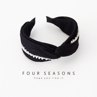 法式 复古黑色提花珍珠交叉发箍韩系增高颅顶气质头箍外出百搭发饰