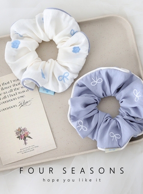 清新蓝色刺绣蝴蝶结花朵大肠发圈少女心简约百搭丸子头绳发绳头饰