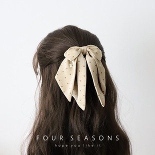 高级感雾霾蓝缎面波点马尾抓夹后脑勺百搭发饰法式 半扎头饰发夹子