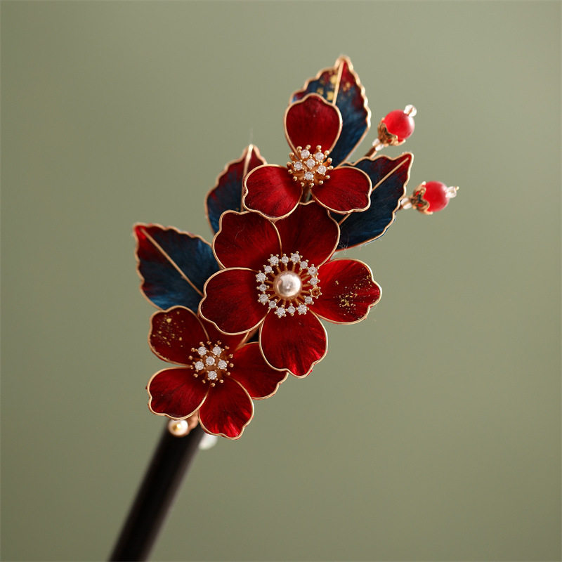 非遗绒花发饰手工掐丝发簪新娘绝美红色发夹U形簪花朵气质盘发卡