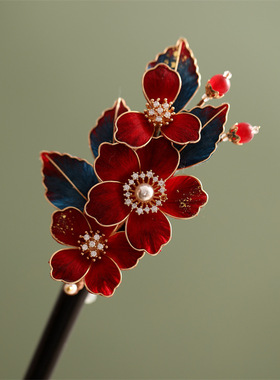 非遗绒花发饰手工掐丝发簪新娘绝美红色发夹U形簪花朵气质盘发卡
