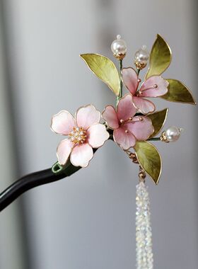 非遗绒花新中式玫瑰发簪黑檀木