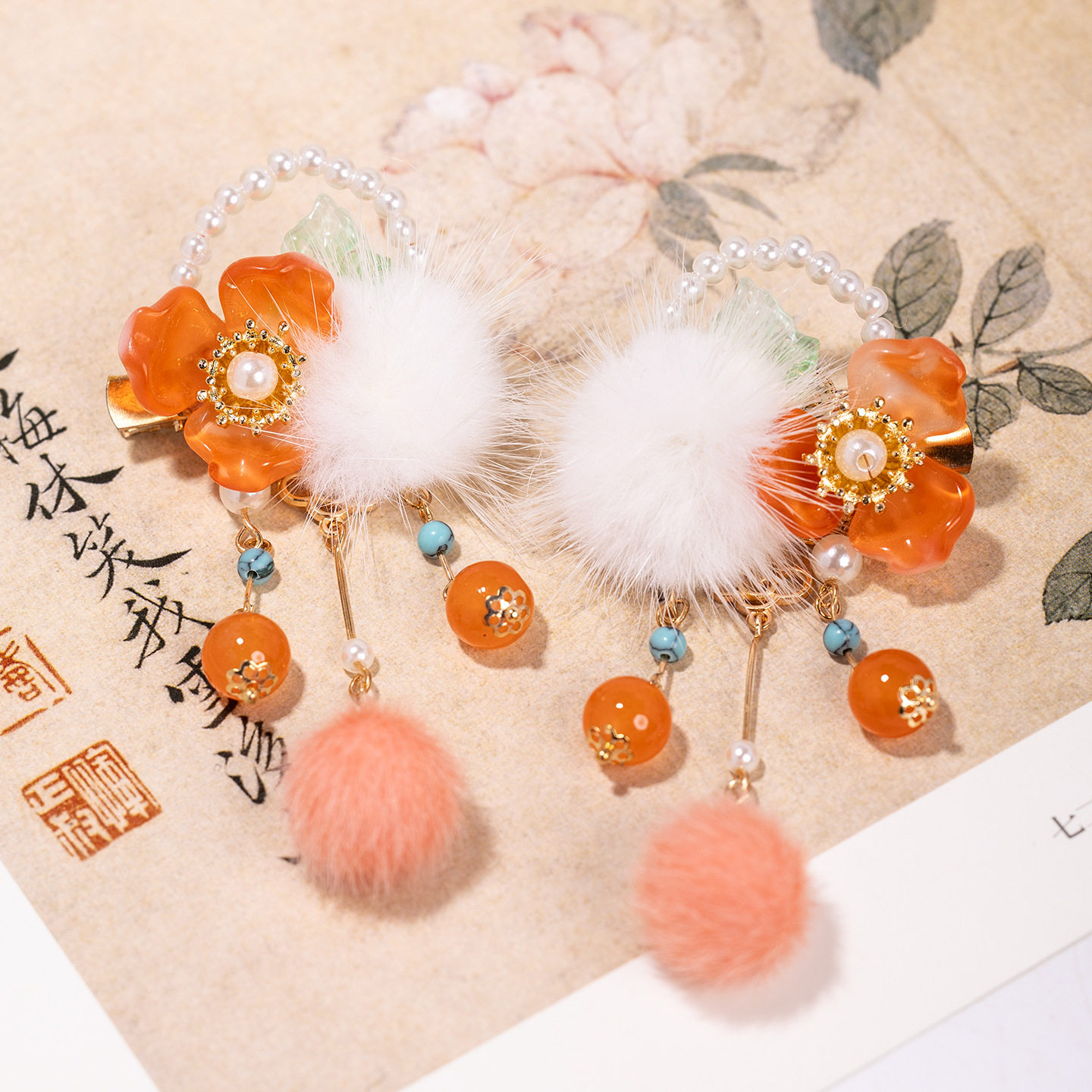 新年古风对夹喜庆中国风汉服水貂毛球发夹女童过年流苏汉服发饰