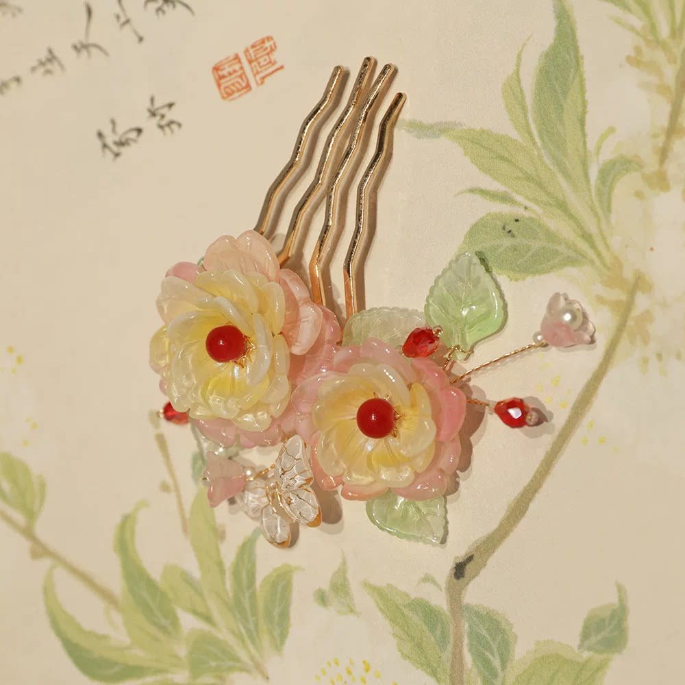 粉色花朵琉璃手工古风发簪汉服