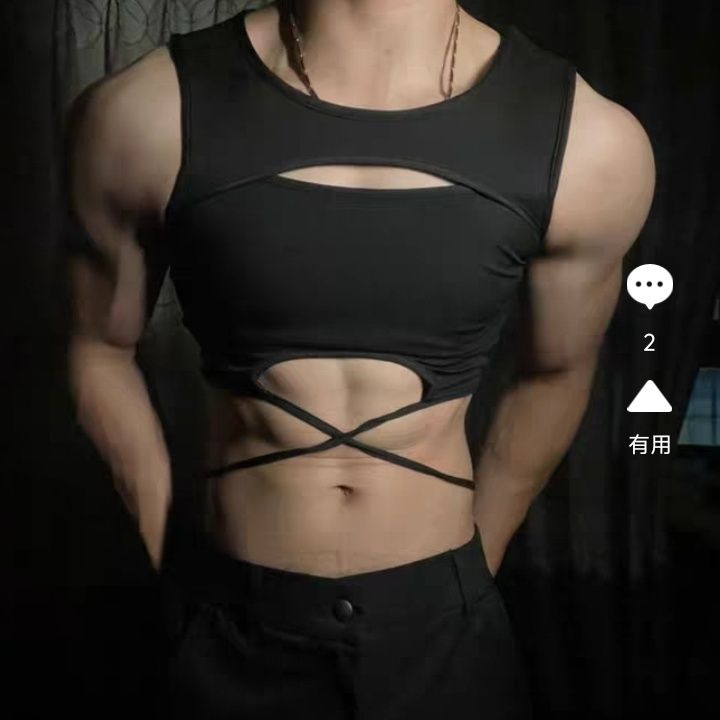 男生体育生性感镂空吊带背心外穿设计感小众修身绑带短款辣妹
