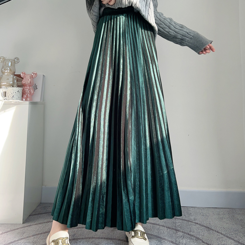 丝绒半身裙女百褶a字长裙子