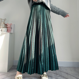 金丝绒半身裙女秋冬季 百褶裙子 a字收高腰复古绿色优雅大摆中长款