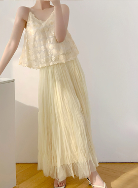 不规则褶皱网纱半身裙女春秋季黄色轻奢仙高腰显瘦气质中长款裙子