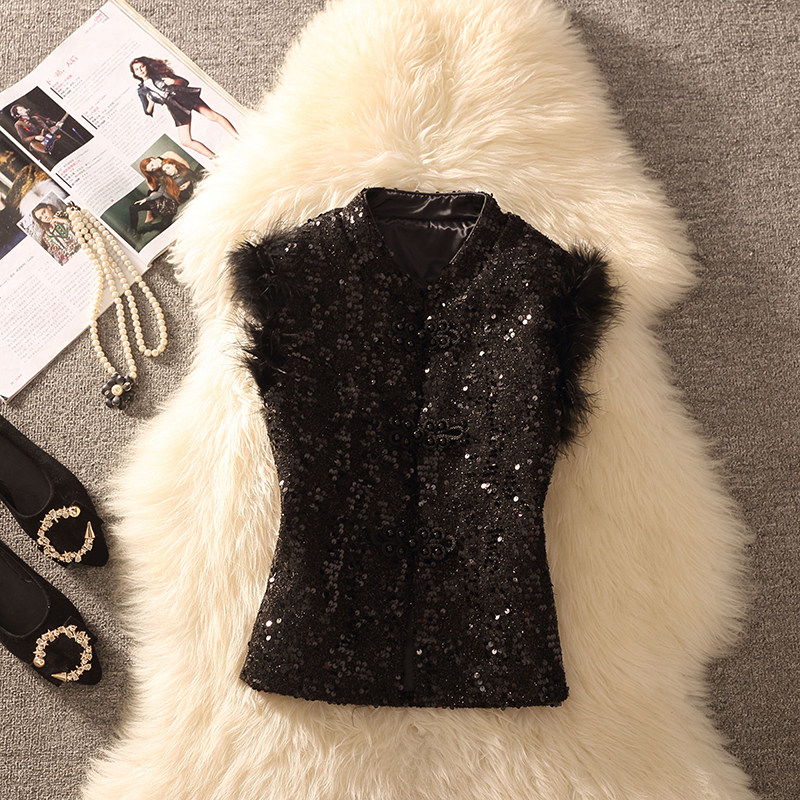 2026春秋新款时尚百搭气质修身休闲毛毛拼接盘扣无袖亮片马甲上衣,女装/女士精品,马夹,淘宝优惠券,粉丝福利购,淘宝优惠卷