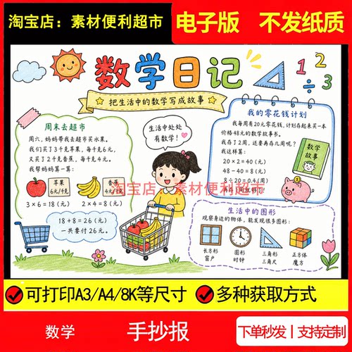 数学日记手抄报电子模板生活中的数学故事小报乐趣线稿手绘