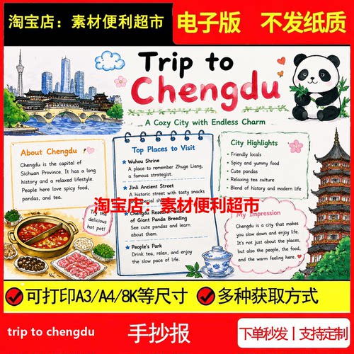 trip to chengdu去成都旅游手抄报电子模板英语游记线稿手绘小报