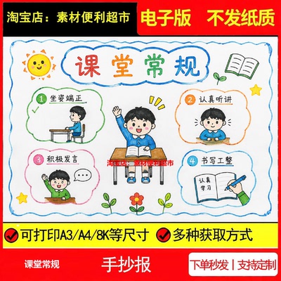课堂常规手抄报电子模板坐姿端正认真听讲积极发言工整线稿手绘