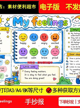 my feelings我的情绪感觉英语上手抄报电子模板喜怒哀乐英文线稿